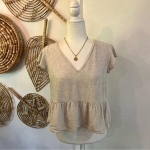 Abercrombie Linen Blend Trapeze Babydoll Top Open Back Tie Flutter Sleeve M